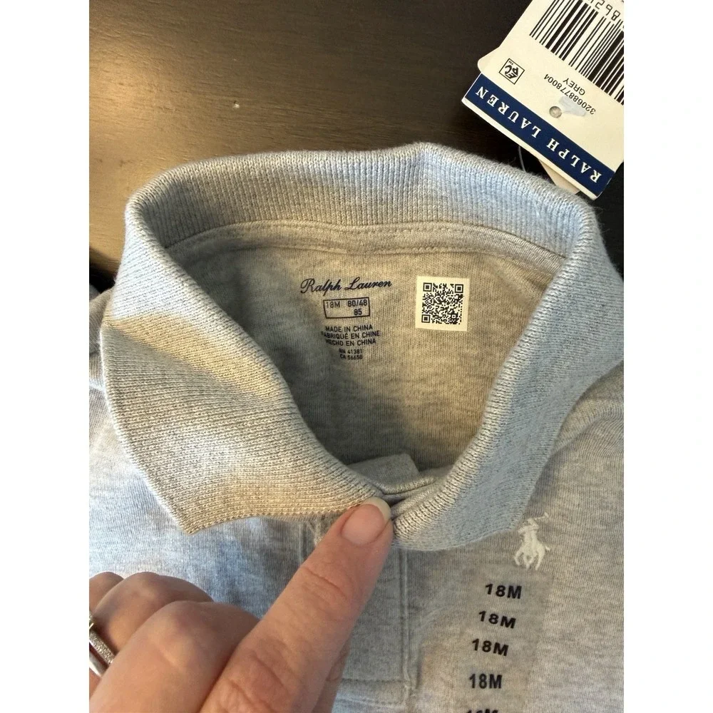 Ralph Lauren Soft Cotton Long-Sleeve Polo Bodysuit Gray NWT 18 Mo. Baby